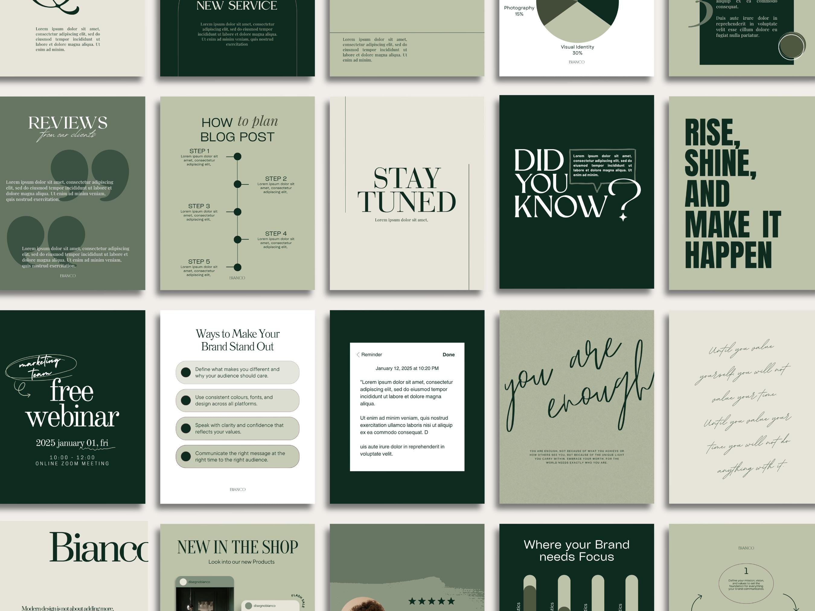 Dark Green Instagram Templates | Canva Editable Posts | Minimal Aesthetic Feed Kit | Social Media Templates Bundle
